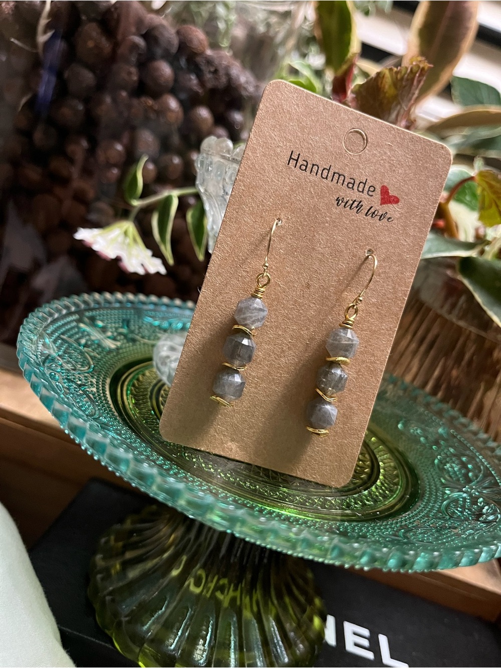 Handmade Gold & Gray labradorite Faceted Bead Drop Earrings